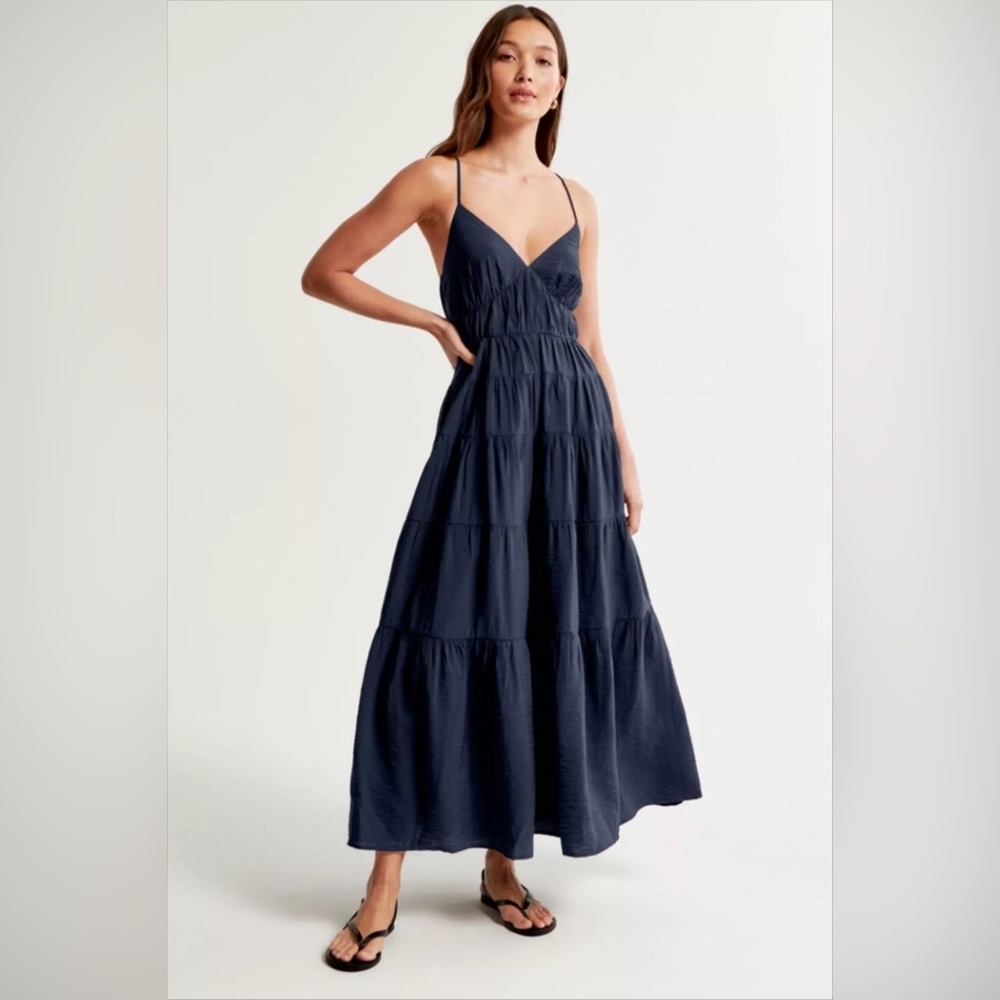 Abercrombie & Fitch Navy Tiered Spaghetti-Strap Maxi Dress
